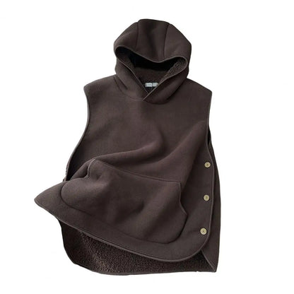 Lady Thermal Vest Women Side Button Closure Fleece Hooded Vest Solid Color Front Pocket Casual Top For Fall Winter