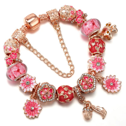 Spring Style Charms Bracelets For Women With Snake Chain Pink Daisy DIY Charms Beads Pendants Fashion Jewelry Dropshipping