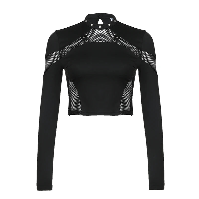 Darlingaga Gothic Dark Skinny Women T-shirts Fishnet Spliced Harajuku Crop Top Hollow Out Eyelet Punk Tee Shirt Stand Collar New