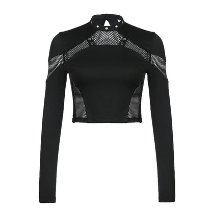 Darlingaga Gothic Dark Skinny Women T-shirts Fishnet Spliced Harajuku Crop Top Hollow Out Eyelet Punk Tee Shirt Stand Collar New