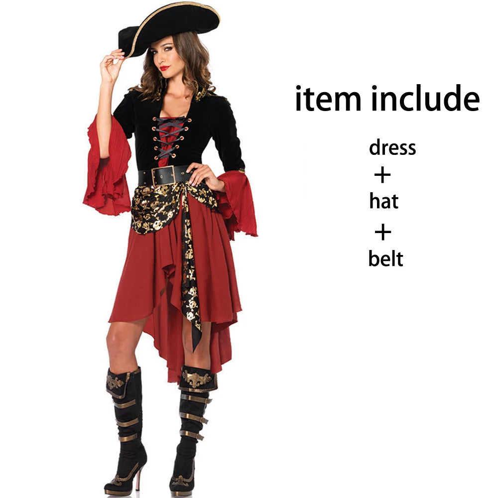 EtherealBe women's pirate costume featuring a dress, hat, and belt for a complete swashbuckler look