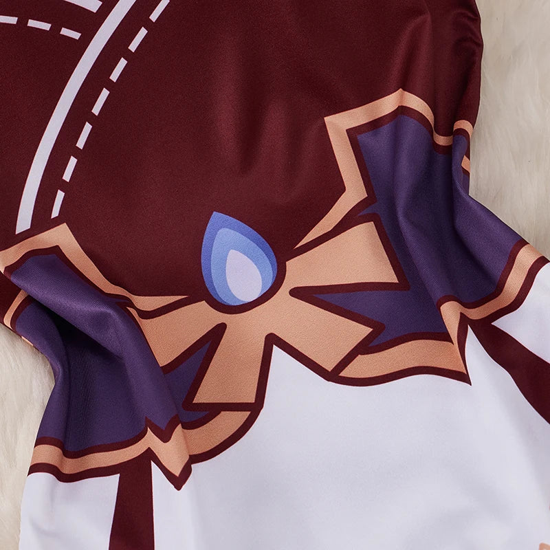 EtherealBe kawaii cartoon bodysuit costume for women close up of maroon purple decorative print with blue gem