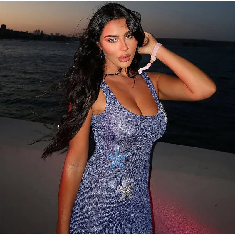 Prined Casual Women Star Mini Dress Fashion Sling Sleeveless Backless Pleat High Waist Robe 2025 New Female Beach Vacation Wear