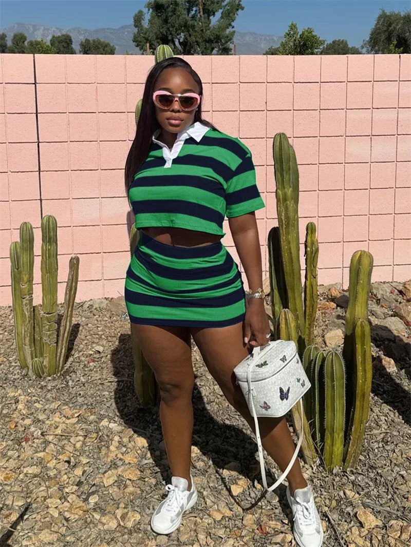 Sporty Fitness Striped Print 2 Pieces Set for Woman Streetwear Casual Turn-down Collar Shirt Crop Top and Mini Skirt Sets Summer