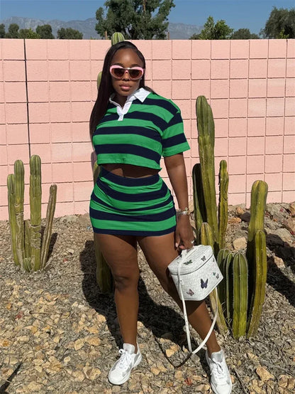 Sporty Fitness Striped Print 2 Pieces Set for Woman Streetwear Casual Turn-down Collar Shirt Crop Top and Mini Skirt Sets Summer
