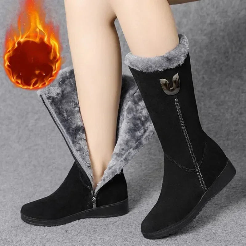 Warm Chelsea High Fur Boots Women 2025 Winter Shoes for Women Chunky Mid-calf Plush Snow Flat Boots ZIP Fashion Botas De Mujer