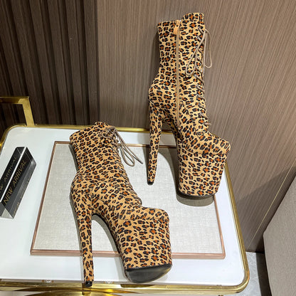 Sexy Fetish Leopard 20cm/8Inch Women's high-heeled Ankle Boots Lace-up Zip Platform Suede Pole Dance Shoes Large Size 44 WESTERN