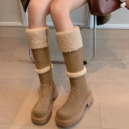 Thickened Lamb Wool Long Tube Snow Boots for Women New 2025 Autumn Winter Anti-slip Fleece-lined Cotton Shoes Knee High Boots