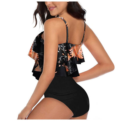 Chic Elegant Bikini Summer Multi-Layer Ruffled Edge Folds Crew Neck Sling Swimwear High Waist Thong Separate Two-Piece Swimsuit