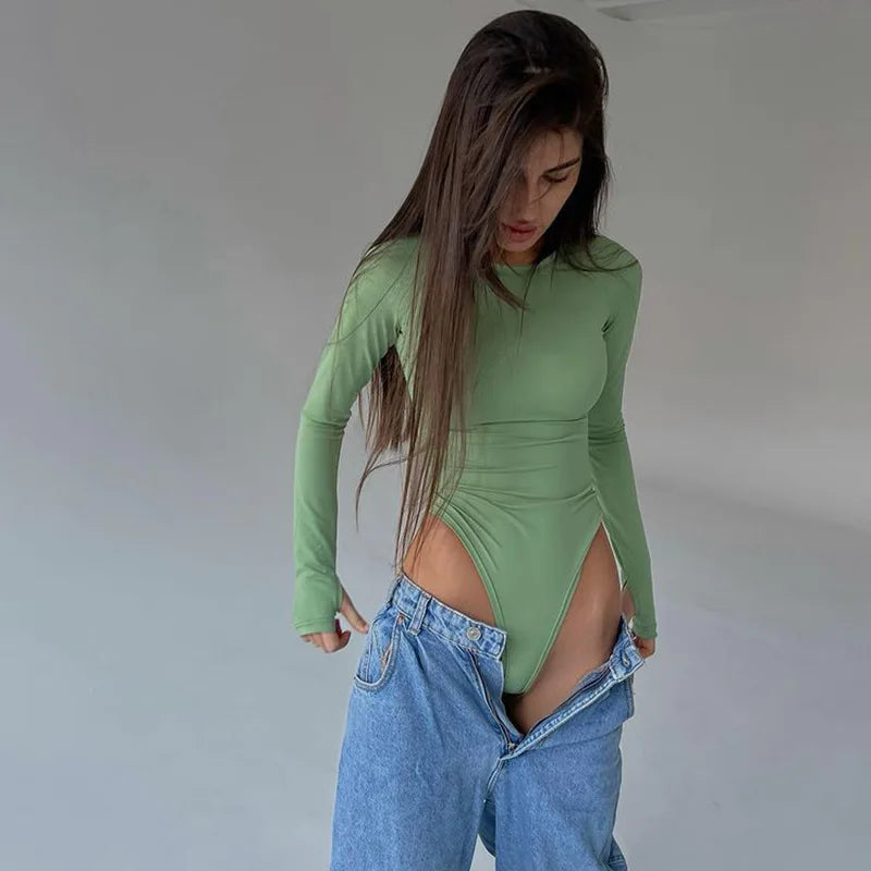 Autumn New Sexy Women Long Sleeved Tight Fitting Clothing Fashionable Gothic Slim Fit Bightclub Base Shirt Solid Color Jumpsuit