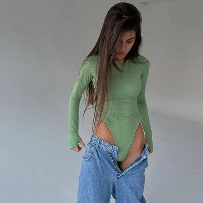 Autumn New Sexy Women Long Sleeved Tight Fitting Clothing Fashionable Gothic Slim Fit Bightclub Base Shirt Solid Color Jumpsuit
