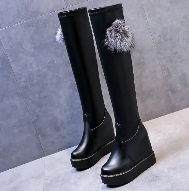 Knee Thigh High New In Women's Boots Genuine Leather Fur Long Shoes for Women Winter 2025 Wedges Chunky Platform Heeled Black
