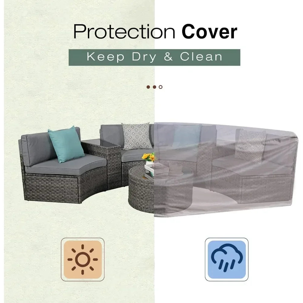 Outdoor Patio Furniture Sectional 7-Piece Half-Moon Curved Outdoor Sofa Set with Round Coffee Table,4 Pillows & Waterproof Cover