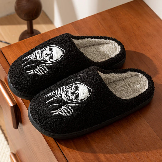 Black skull face women's slippers with soft lining for cozy comfort at home