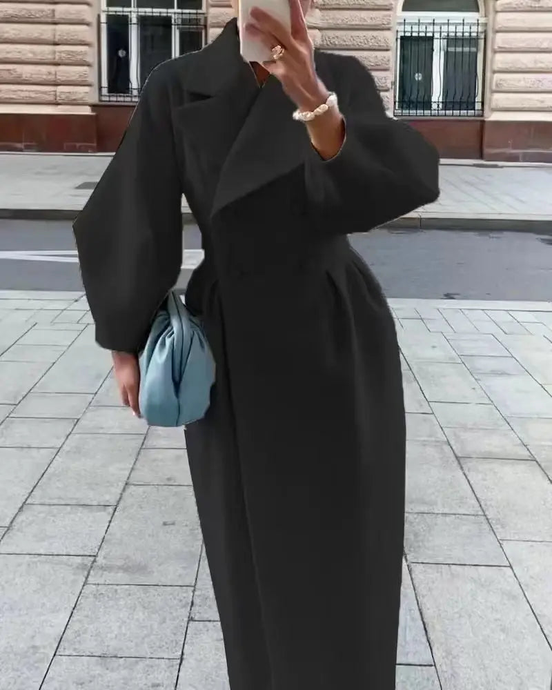 Winter Coat for Women Elegant Lantern Sleeve Lapel Collar Trench Coats Vintage Chic Long Jackets Overcoat 2023 Luxury Outwear