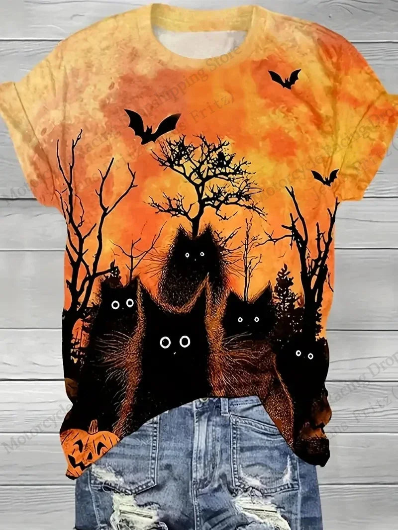 EtherealBe Halloween 3D print t-shirt women featuring ghostly black cats on an orange spooky background