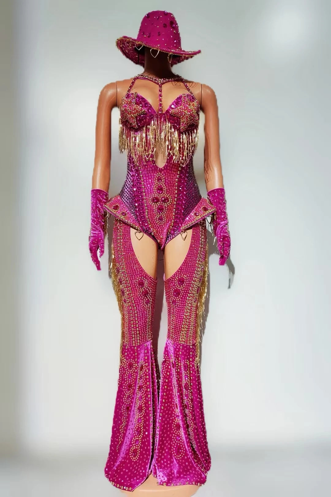 Women Sparkly Rhinestone Red Bodysuit 4Pieces Set Nightclub Party Stage Show Outfit Cabaret Carnival Showgirl Sexy Wear Hongding