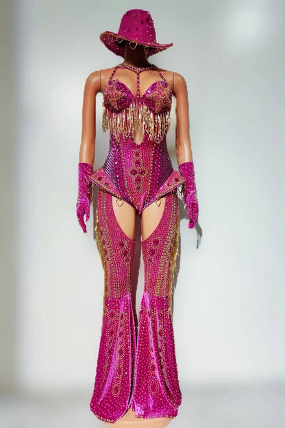 Women Sparkly Rhinestone Red Bodysuit 4Pieces Set Nightclub Party Stage Show Outfit Cabaret Carnival Showgirl Sexy Wear Hongding