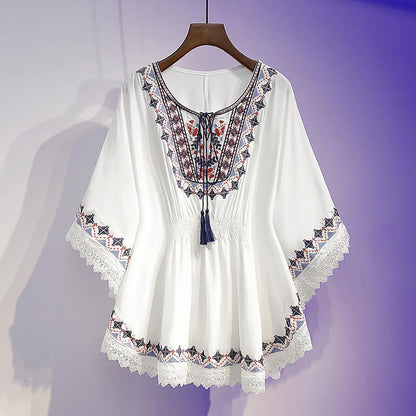Vintage Printing Loose Top Women'S Tops Bohemian Style T Shirt Showing Thin Mid Length Loose Chic Top Youthful Woman Clothes