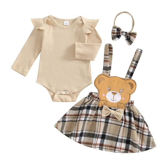 Baby Girls 3Pcs Fall Outfits Long Sleeve Romper + Bear Suspender Skirt + Headband Set Newborn Clothes