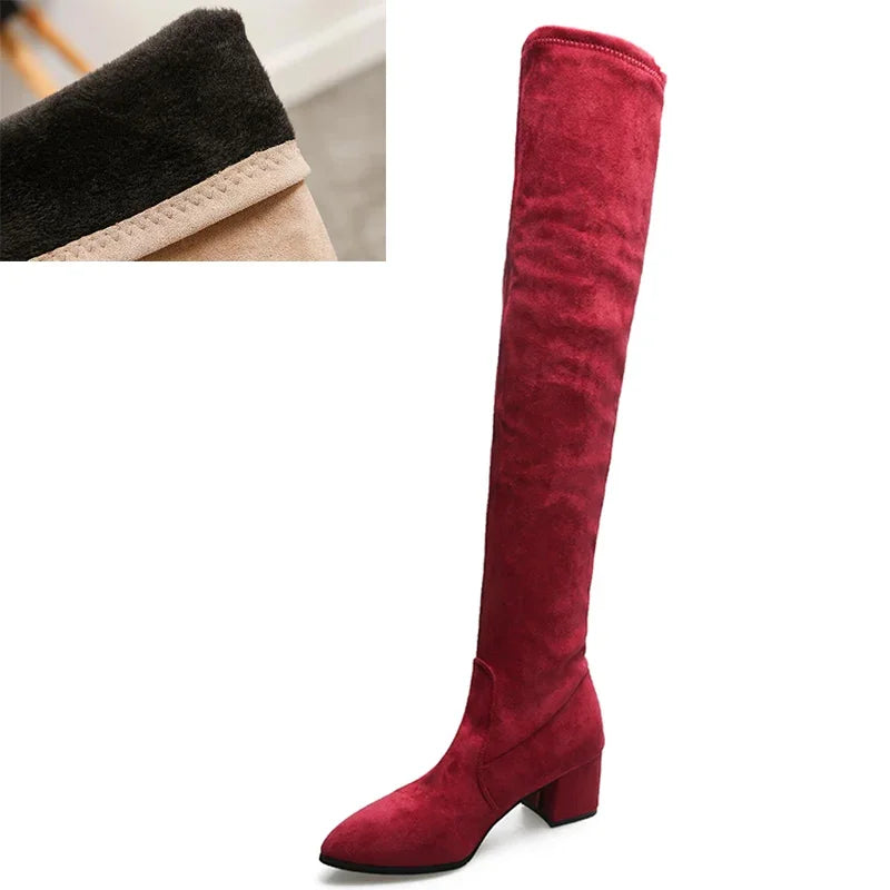 Thigh High Boots Women 2023 Winter Fashion Boot New Over Knee Boots Women Shoes Sexy High Heels Botas Red Warm Fur Black Boots