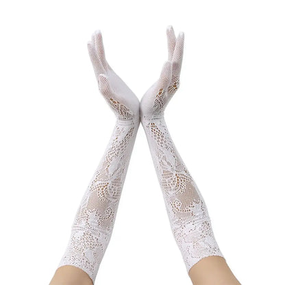 High Elasticity Long Lace Gloves Cosplay Stage Performance Bridal Gloves Floral Pattern Halloween Mesh Mittens