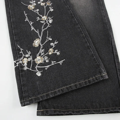 Weekeep Floral Embroidery Jeans Vintage 2000s Low Rise Flared Jeans Women Retro y2k Baggy Denim Pants High Street Basic Trousers