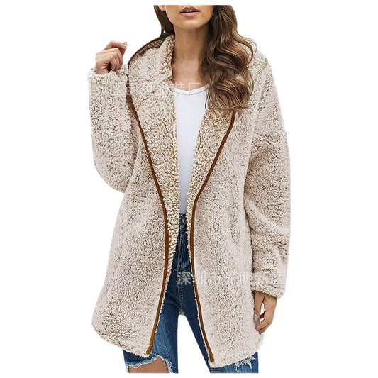 Autumn and Winter New Casual Solid Colour Lapel Hooded Long-sleeved Plush Sweater Fleece Jacket