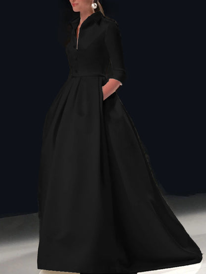 Elegant A Line Maxi Wedding Dress Women Solid Party Evening Bridesmaid Long Dress Pockets Turndown Collar Women Vestidos