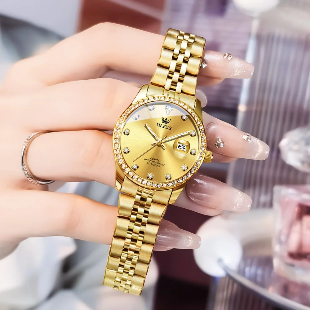 OLEVS Top Brand Women's Watches Elegant Simple Original Quartz Watch for Man Diamond Dial Waterproof Luminous Date Wristwatch