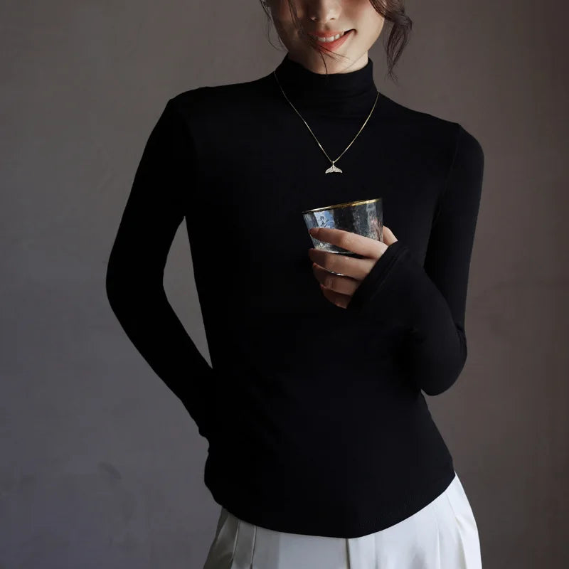 Women's Solid Innerwear Pullovers Sweaters Autumn Winter Casual Long Sleeve Bottoming Tops High Quality Half-High Collar Jumpers