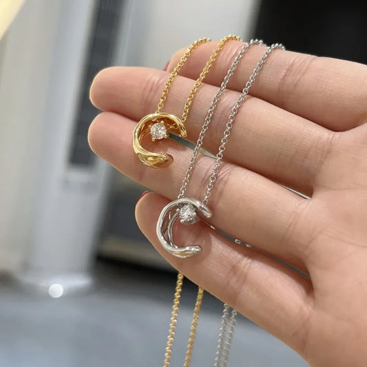 Minimalist Zircon Crystal Moon Pendant Necklace for Women Gold Color Clavicle Chain Charm Delicate Jewelry