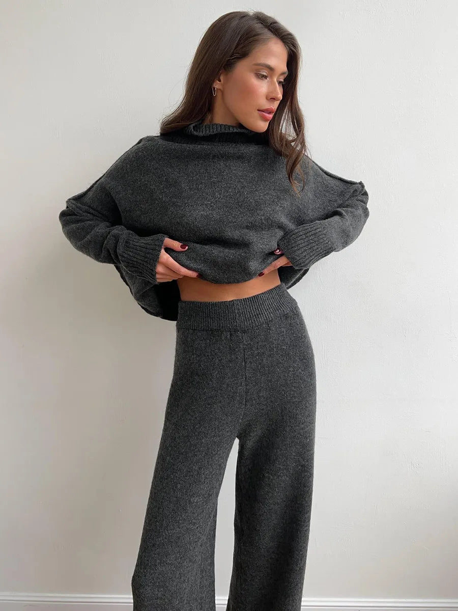 Bornladies Women's Autumn Winter Turtleneck Sweater Pants Set Loose Casual Knitted Sweater  Thicke Loose Pullover 2 Pieces Sets