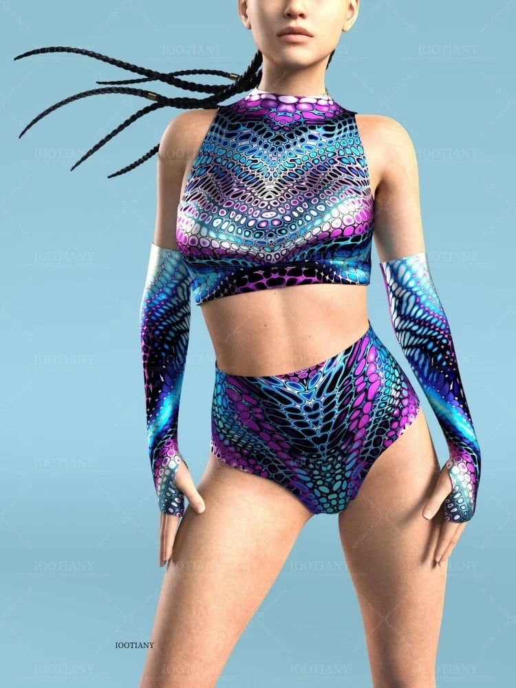 Adult Sleeveless Multicolor Role Play Bodysuit Swimsuit Women Sexy Hollow Off Shoulder Graffiti Art Bodycon Performance Costume