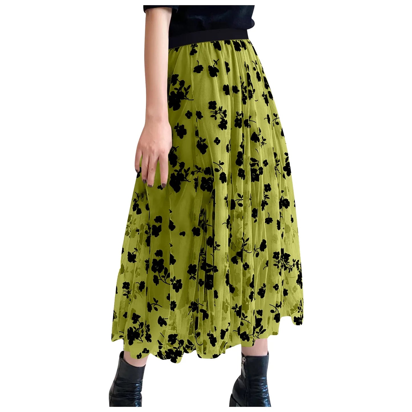Women Vintage Fashion Floral Printed Flowy A Line Skirt Casual Boho Slim Fit Long Skirt Elegant Chic Summer Mesh Chiffon Skirts