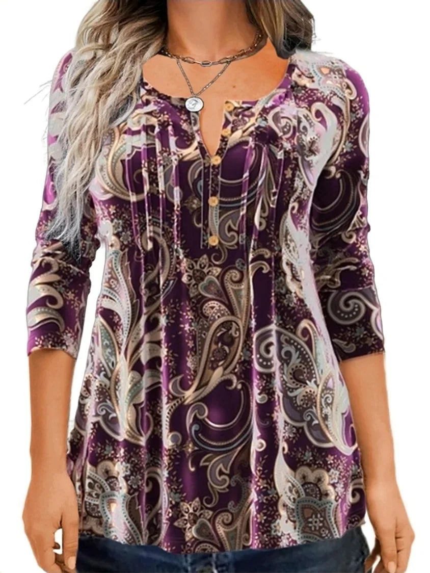 Autumn New T-shirt Elegant Fashionable Comfortable Versatile Print Round Neck Gorgeous Pattern Button Long Sleeve Top