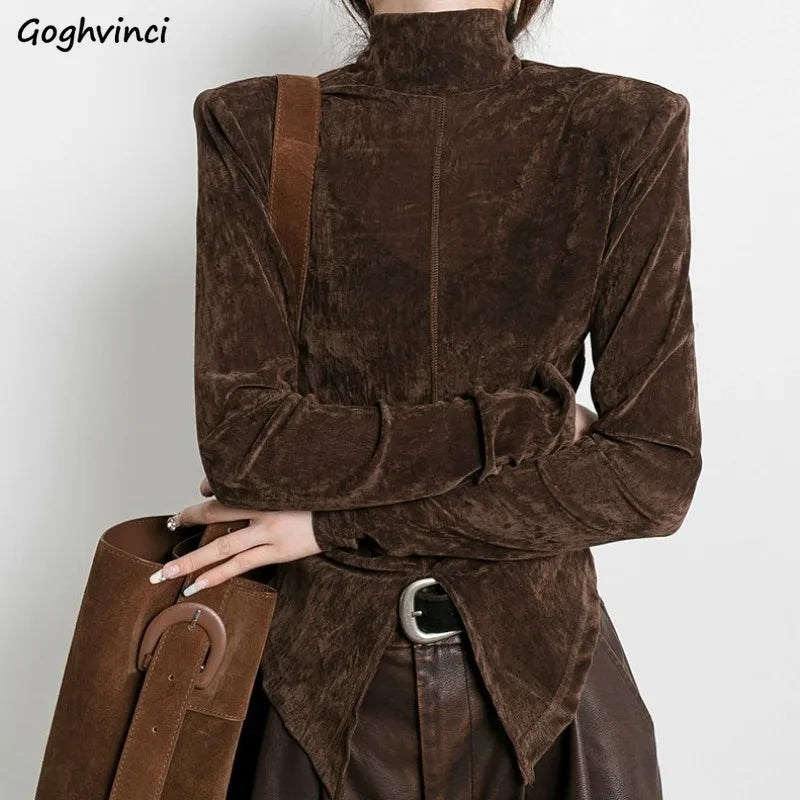 Turtleneck Tshirts Women Front Side-slit Solid Color Soft Female Long Sleeve Tops Leisure Tees Autumn All-match Irregular Slim