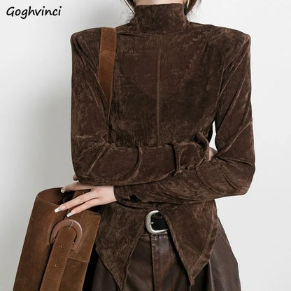 Turtleneck Tshirts Women Front Side-slit Solid Color Soft Female Long Sleeve Tops Leisure Tees Autumn All-match Irregular Slim