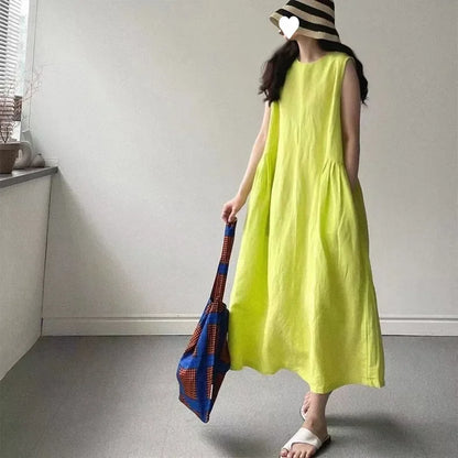 Minimalist Summer Lazy Style round Neck Long Oversized Sleeveless Dress Maxi Dress Comfortable Loose Fit V-Neck Knee-Length Dres