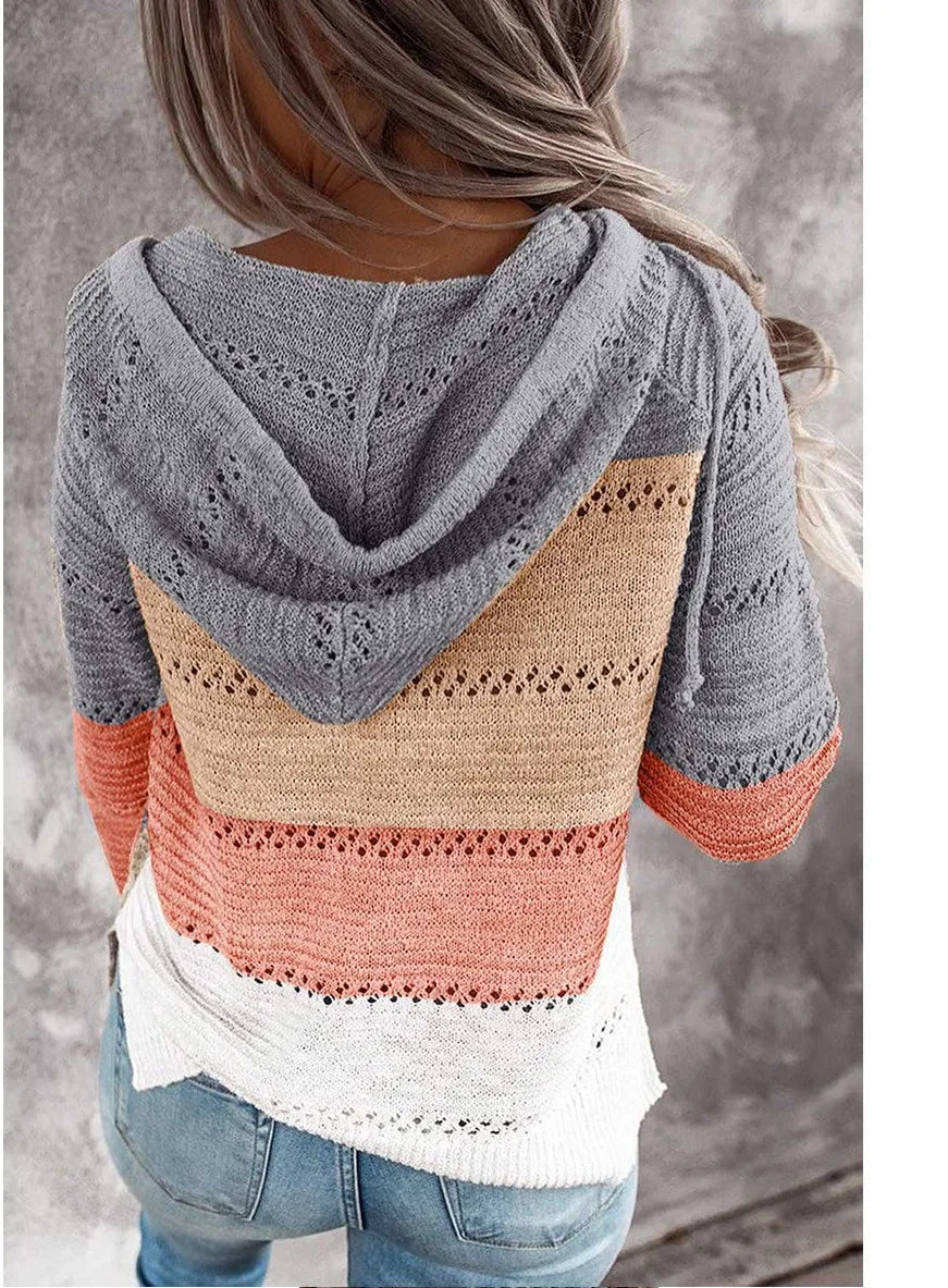 Women Patchwork Hooded Sweater Casual Long Sleeve Knitted Sweater Top Striped Elegant Pullover Jumpers Autumn Winter Plus Size