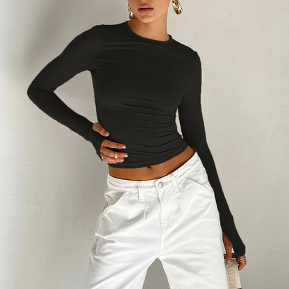 Women Long Sleeve Solid T-Shirt Slim Fit Casual Spring Autumn Pullovers Y2K Streetwear Cropped Bottoming Shirt Skinny Tops