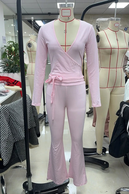 Women Autumn y2k Yoga 2 Piece Outfits Casual Solid Tie up Hem Wrap Long Sleeves V-neck Crop Tops Elastic Flare Pants Tracksuits