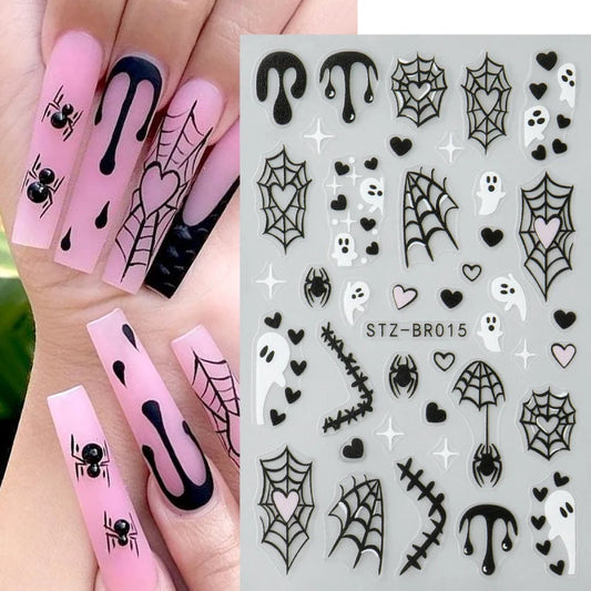 Spooky Halloween Stickers For Nails Cartoon Ghost Spider Web Heart Designs Spider Bat Adhesive Decals Holiday Manicure Supplies