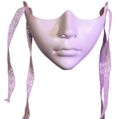 Elegant masquerade half face mask in pink with lace ribbons for stylish costume events