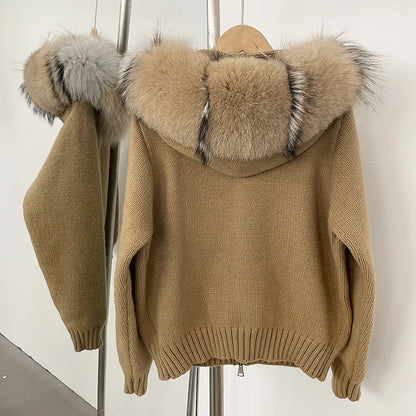 Coat Women Cardigan Natural Fox Fur Coat Women Real Mongolian Fur Knitwear Female Spring Autumn Hooded Knitted Fur Jacket