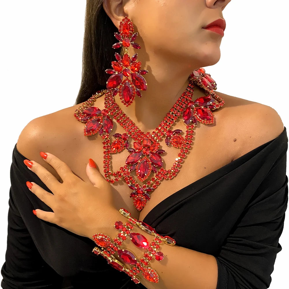 Stonefans Leaf Rhinestone Necklace Earrings Sets Accessories for Women Drag Queen Statement Bling Crystal Luxury Jewelry Sets