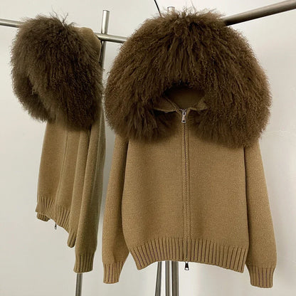 Coat Women Cardigan Natural Fox Fur Coat Women Real Mongolian Fur Knitwear Female Spring Autumn Hooded Knitted Fur Jacket