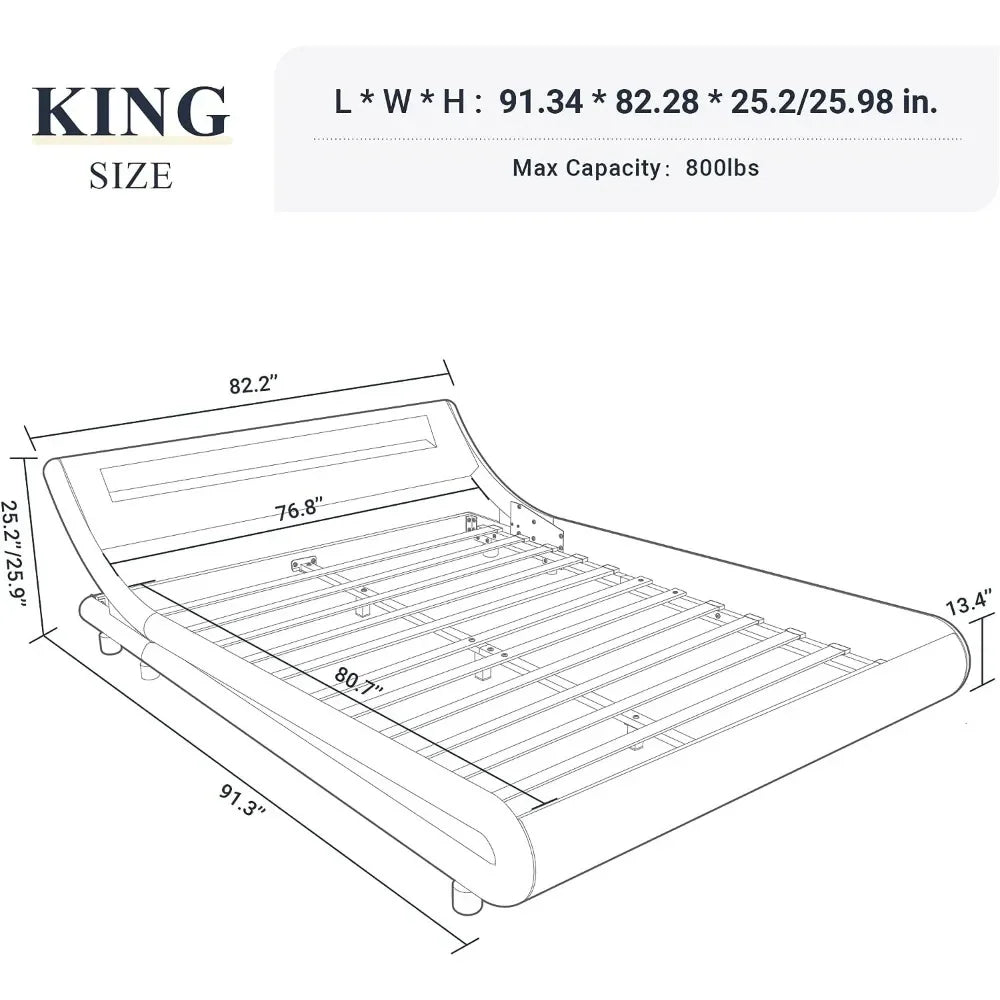 King Size Bed Frame with Adjustable Headboard/No Box Spring Need, Faux Leather in Black, LED Platform Bed Frame