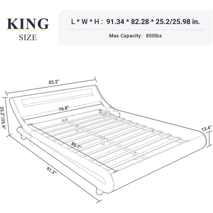 King Size Bed Frame with Adjustable Headboard/No Box Spring Need, Faux Leather in Black, LED Platform Bed Frame