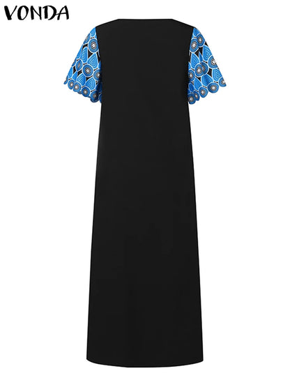 VONDA Summer Printed Maxi Dress Women Bohemian Dresses Short Sleeve Long Sundress 2024 Elegant Casual Loose Beach Vestidos Robe